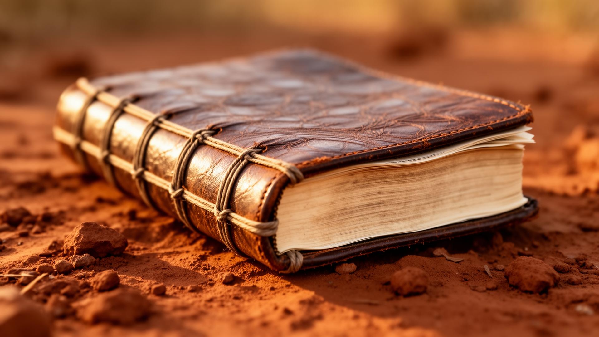 A hand-bound book resting on warm clay earth